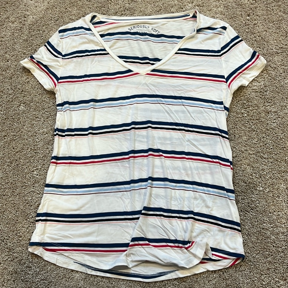 Short sleeve shirt, base white, blue, and red stripes women’s medium